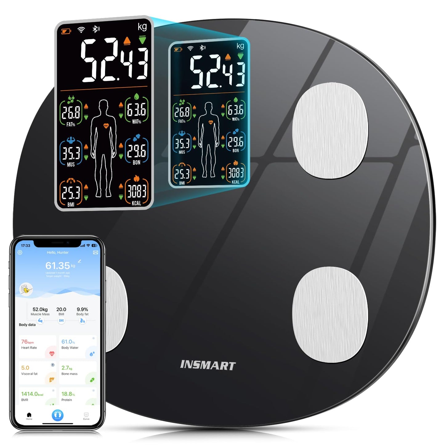 INSMART Smart Scale for Body Weight All-in-one LCD Display Bathroom Weight Scales Body Fat ScaleBluetooth Digital Smart Weighing Scale with Heart RateHeart Index & Body Composition Analyzer396 lbs